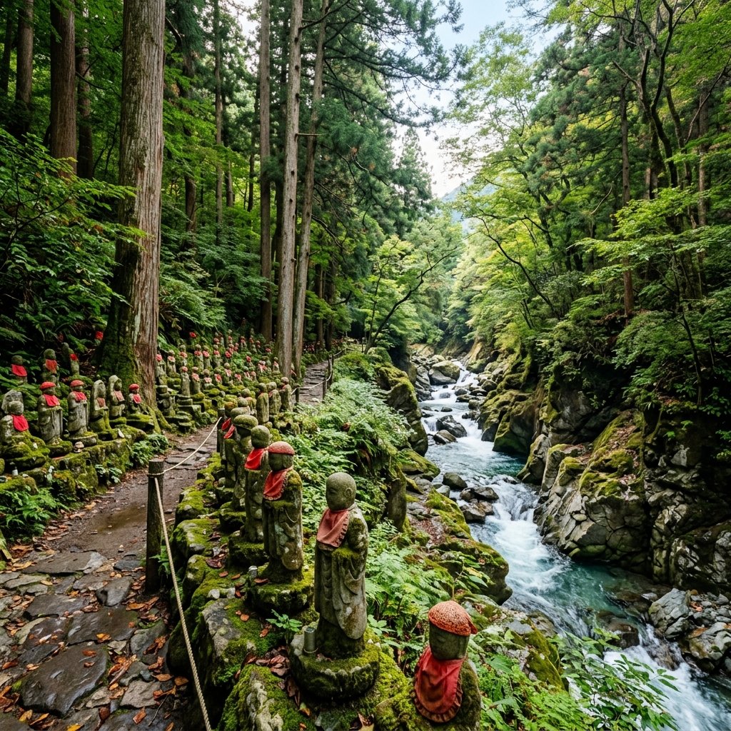 rocky gorge with jizo statues 202608042358